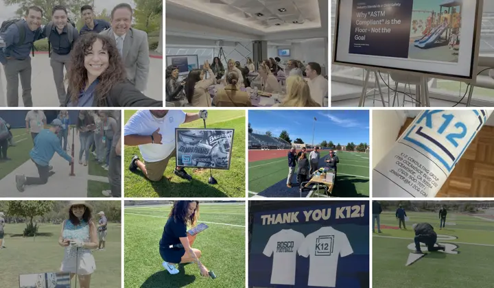 Collage of K12CG project and site photos: the team on campus, turf and playground surface testing on athletic fields, a district planning session and a K12CG sign on a school field